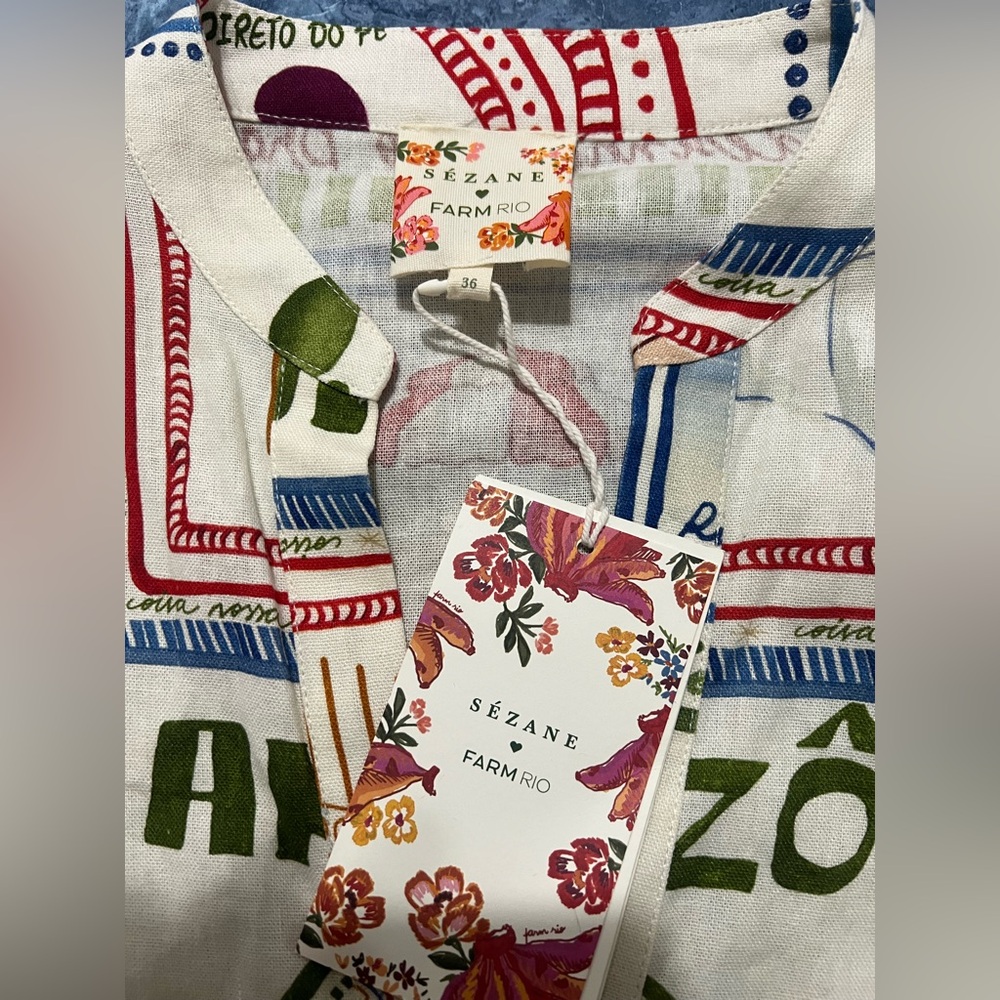 NWT Farm Rio Paris Ama Boheme Linen Blend Dress - Sézane x FARM Rio - Size 36 - Picture 7 of 9